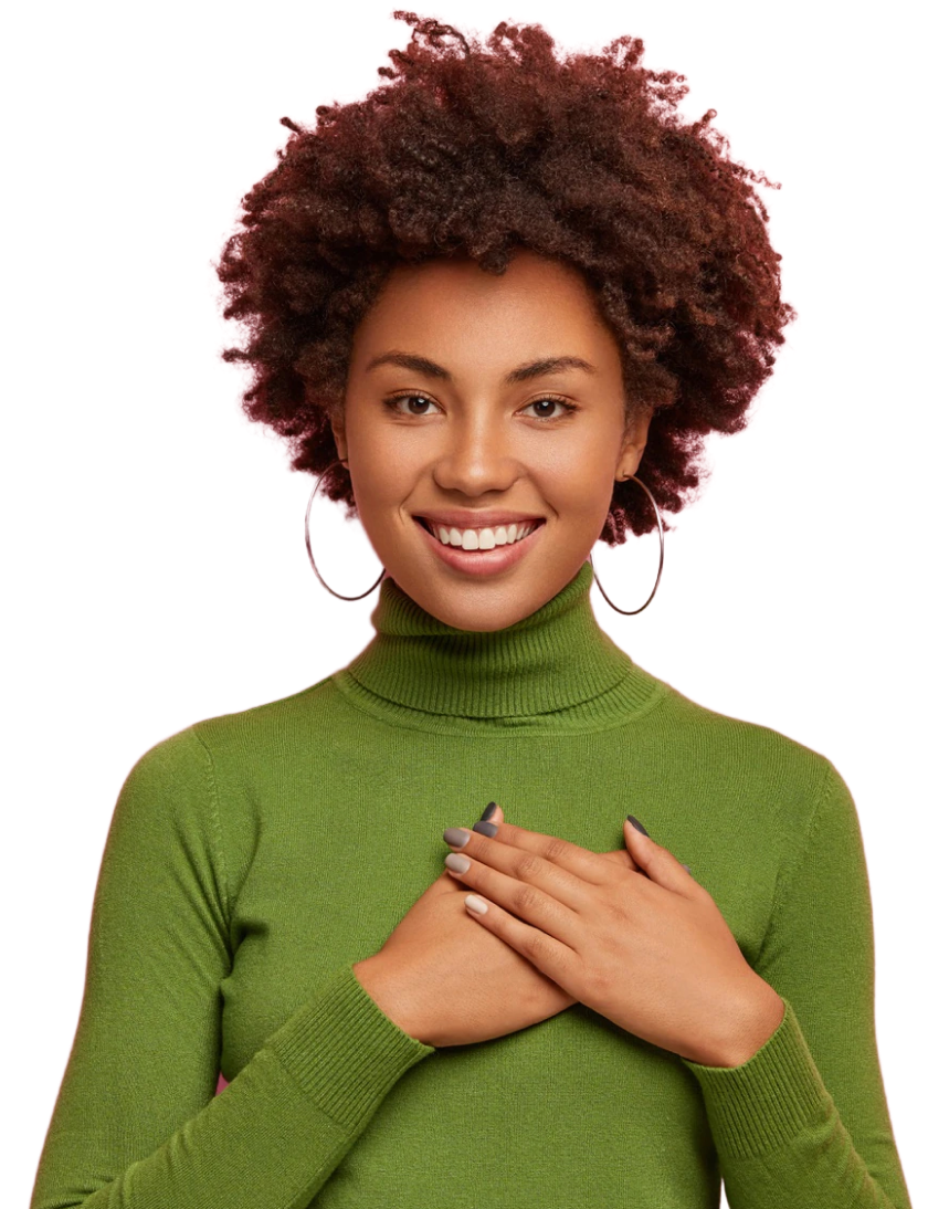 black woman wearing green and smiling